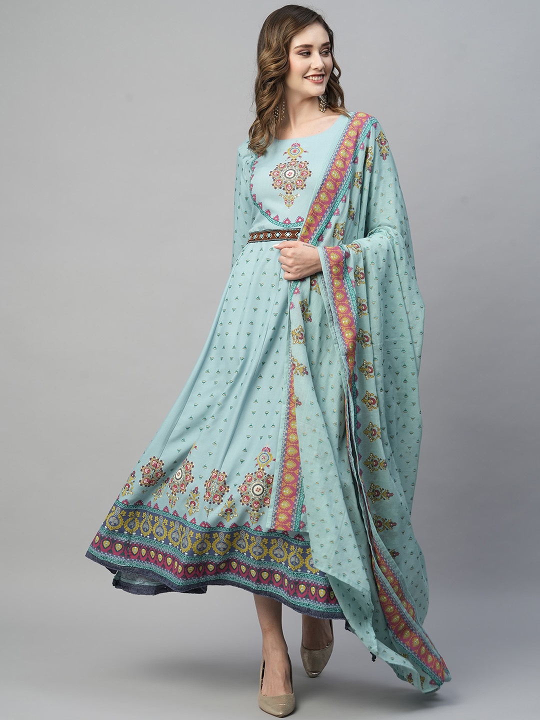 

Kiana Floral Printed A-Line Maxi Ethnic Dress With Dupatta, Blue