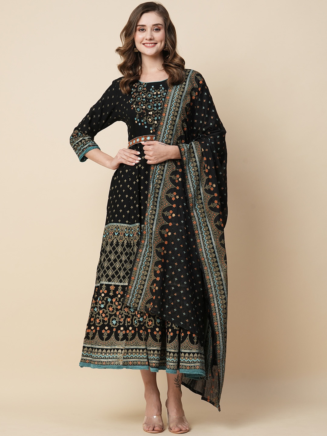 

Kiana House Of Fashion Ethnic Motifs Printed Embroidered Detailed Ethnic Dress With Dupatta, Black