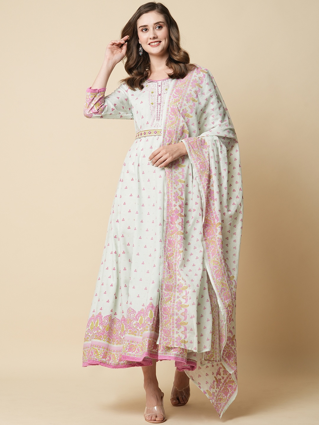 

Kiana Floral Printed A-Line Ethnic Dress With Dupatta Set, Blue