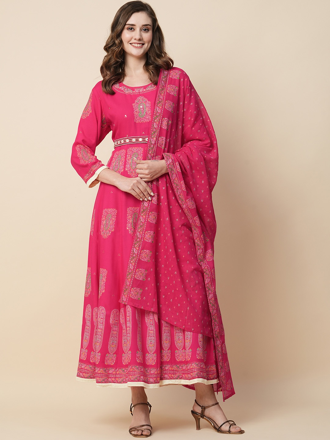 

Kiana Ethnic Motifs Printed Ethnic Dress With Dupatta, Pink