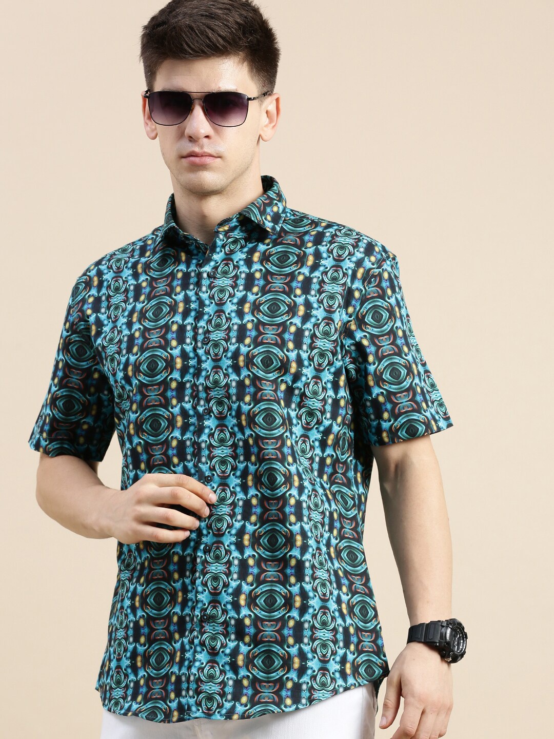 

SHOWOFF Standard Abstract Printed Slim Fit Cotton Casual Shirt, Green