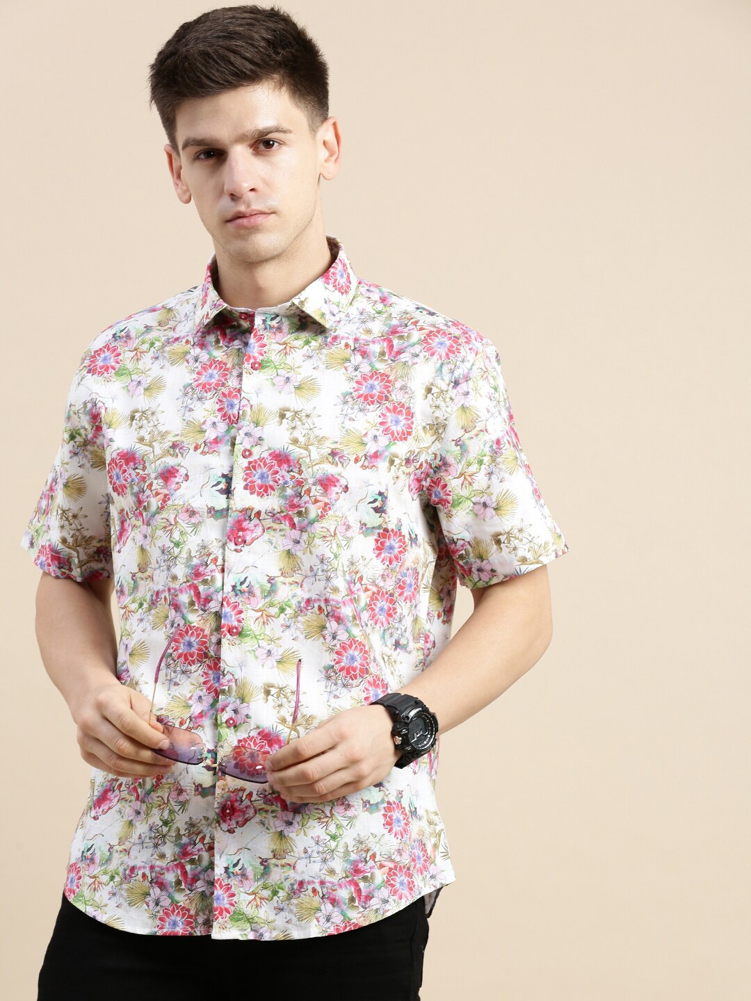 

SHOWOFF Standard Floral Printed Slim Fit Cotton Casual Shirt, Off white