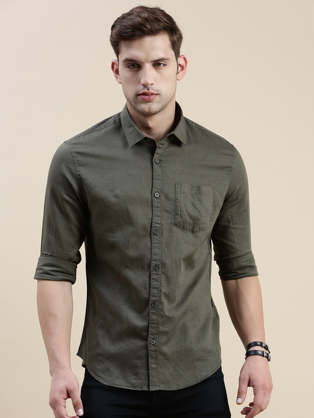 

SHOWOFF Standard Slim Fit Cotton Casual Shirt, Olive
