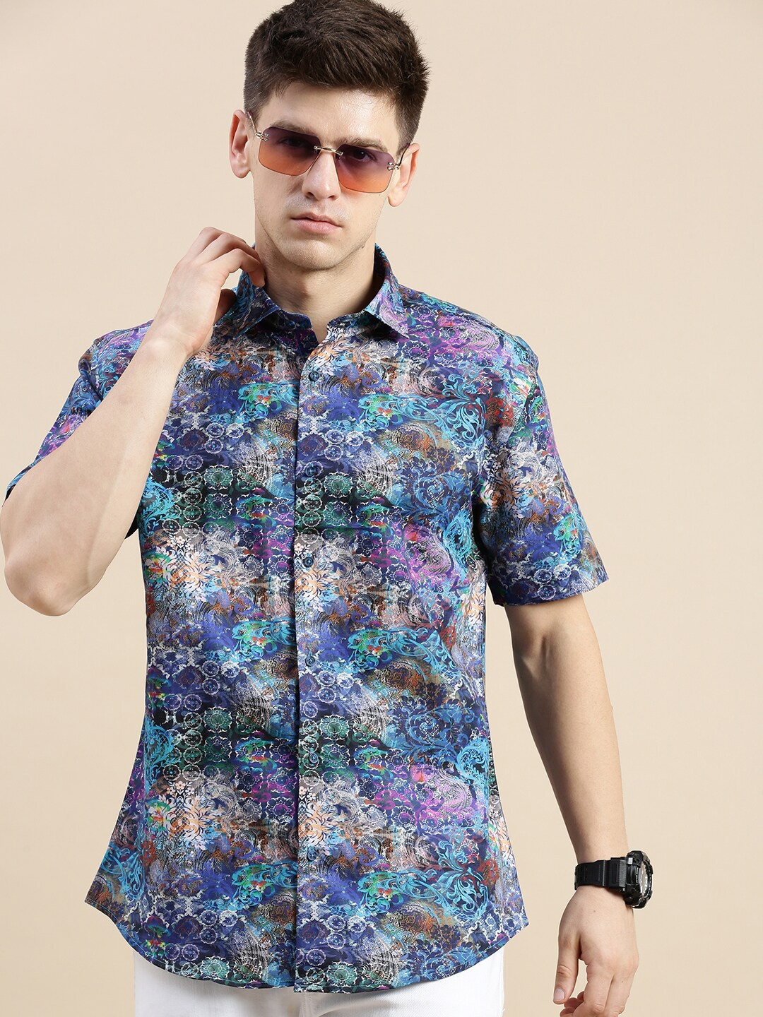 

SHOWOFF Standard Slim Fit Abstract Printed Cotton Casual Shirt, Blue