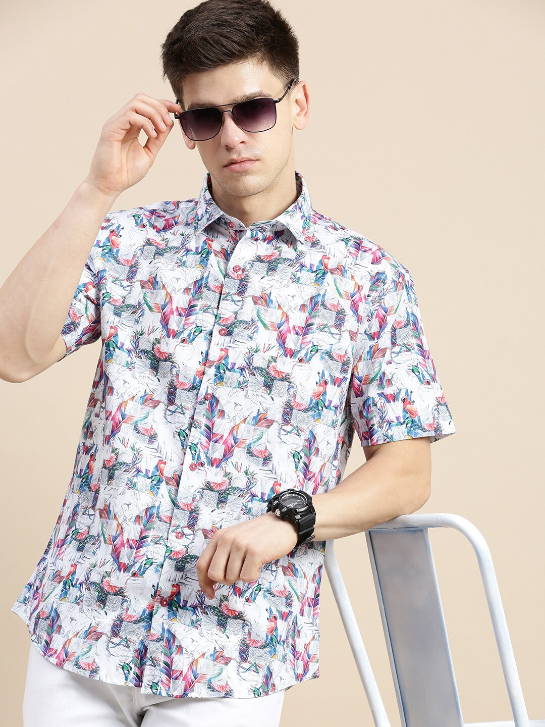 

SHOWOFF Standard Slim Fit Floral Printed Cotton Casual Shirt, White