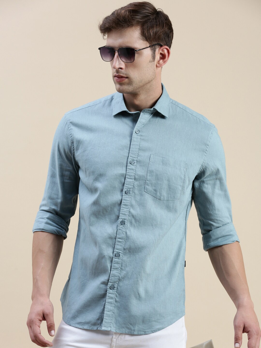 

SHOWOFF Standard Slim Fit Opaque Cotton Casual Shirt, Teal