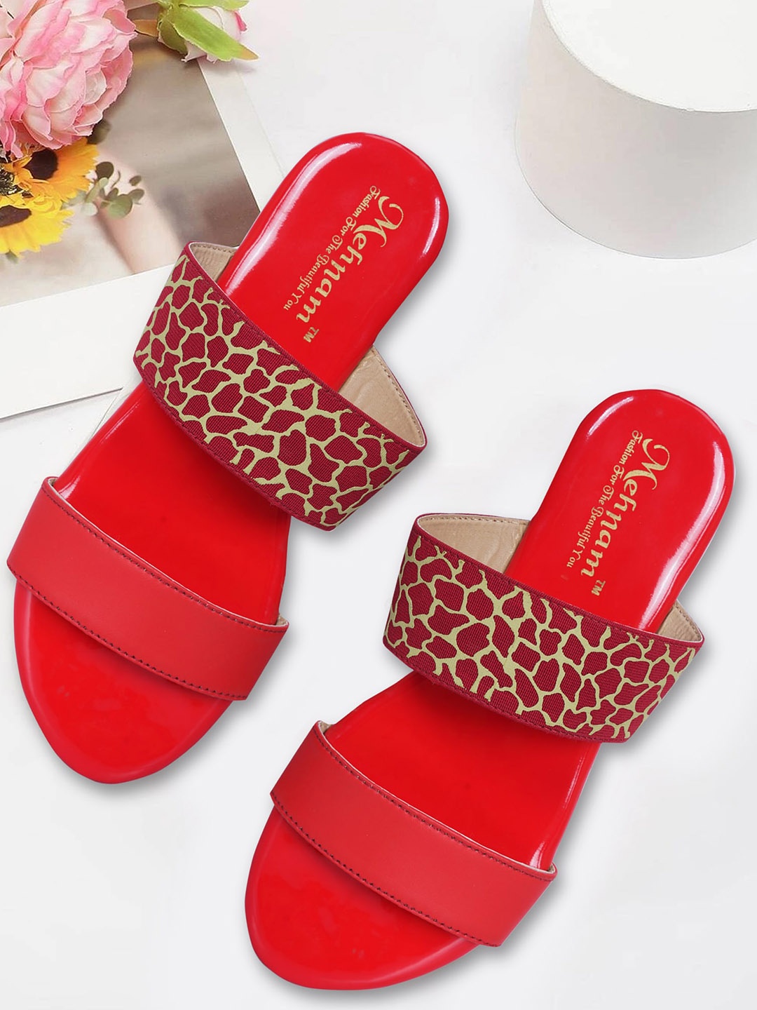 

MEHNAM Printed Open Toe Flats, Red