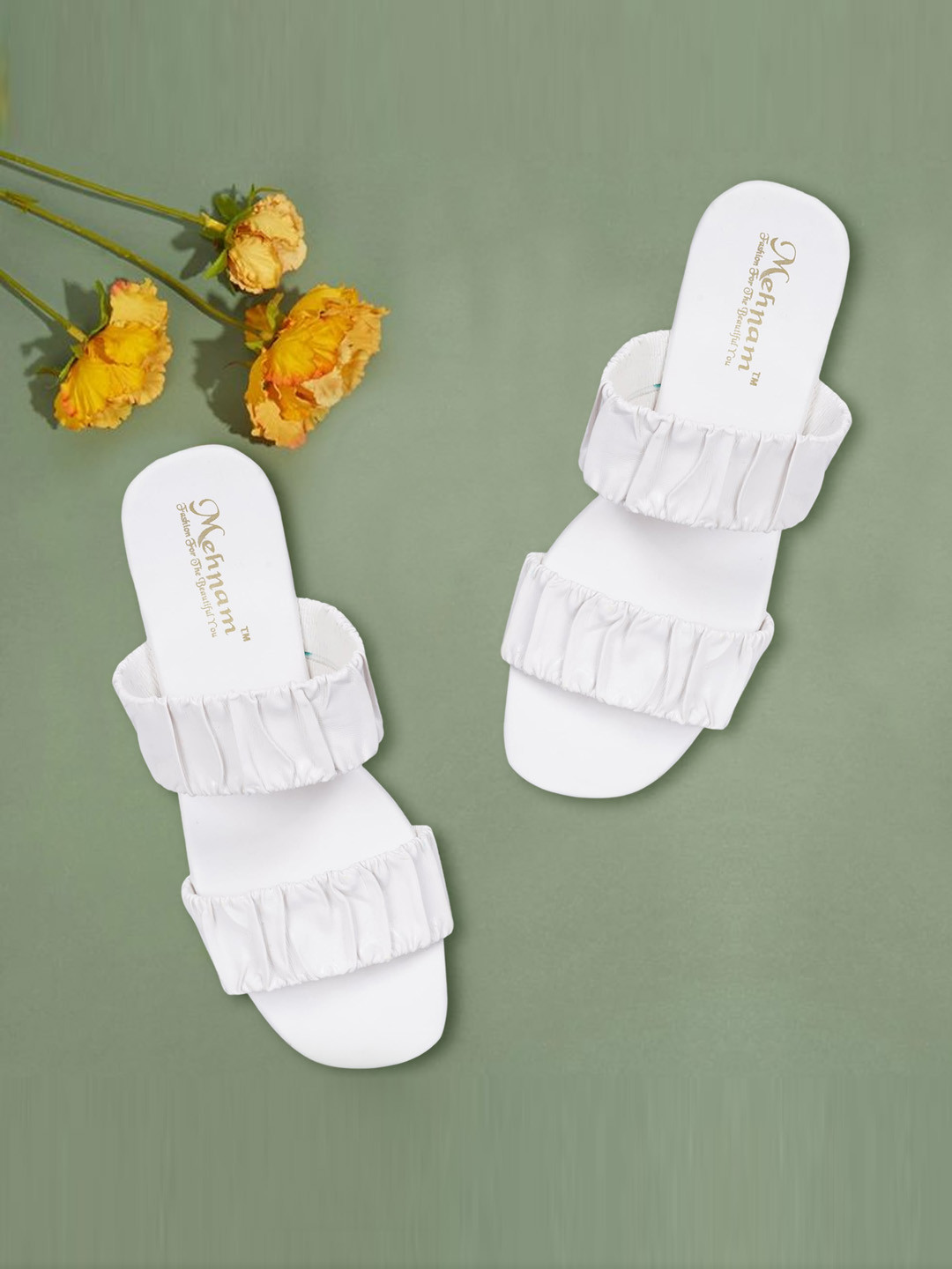 

MEHNAM Double Strap Open Toe Flats, White