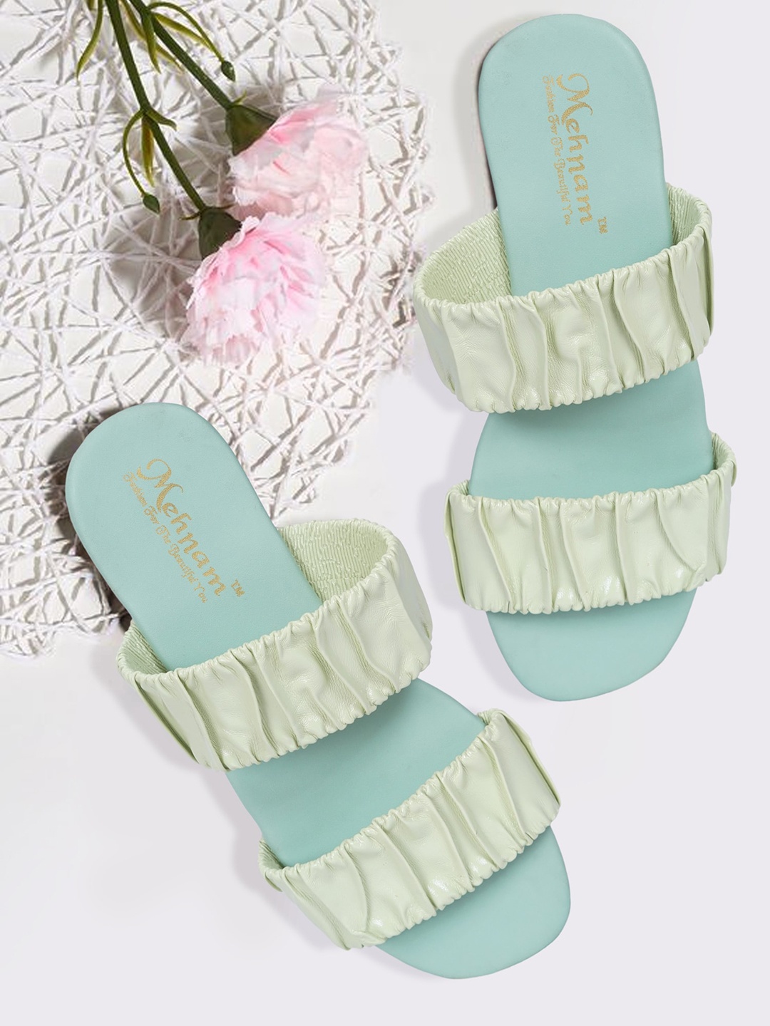 

MEHNAM Double Strap Open Toe Flats, Sea green