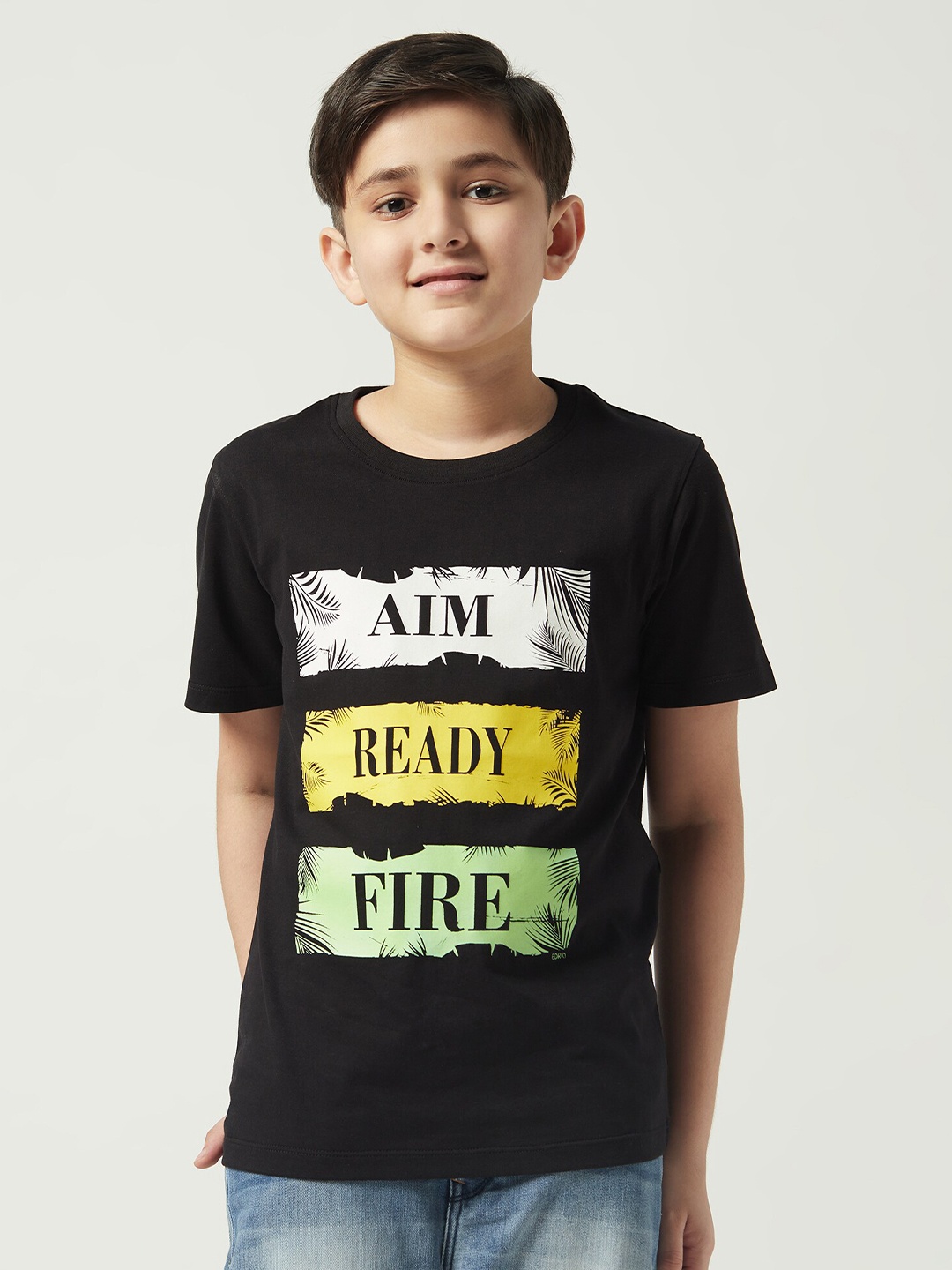 

EDRIO Boys Typography Printed Cotton T-shirt, Black