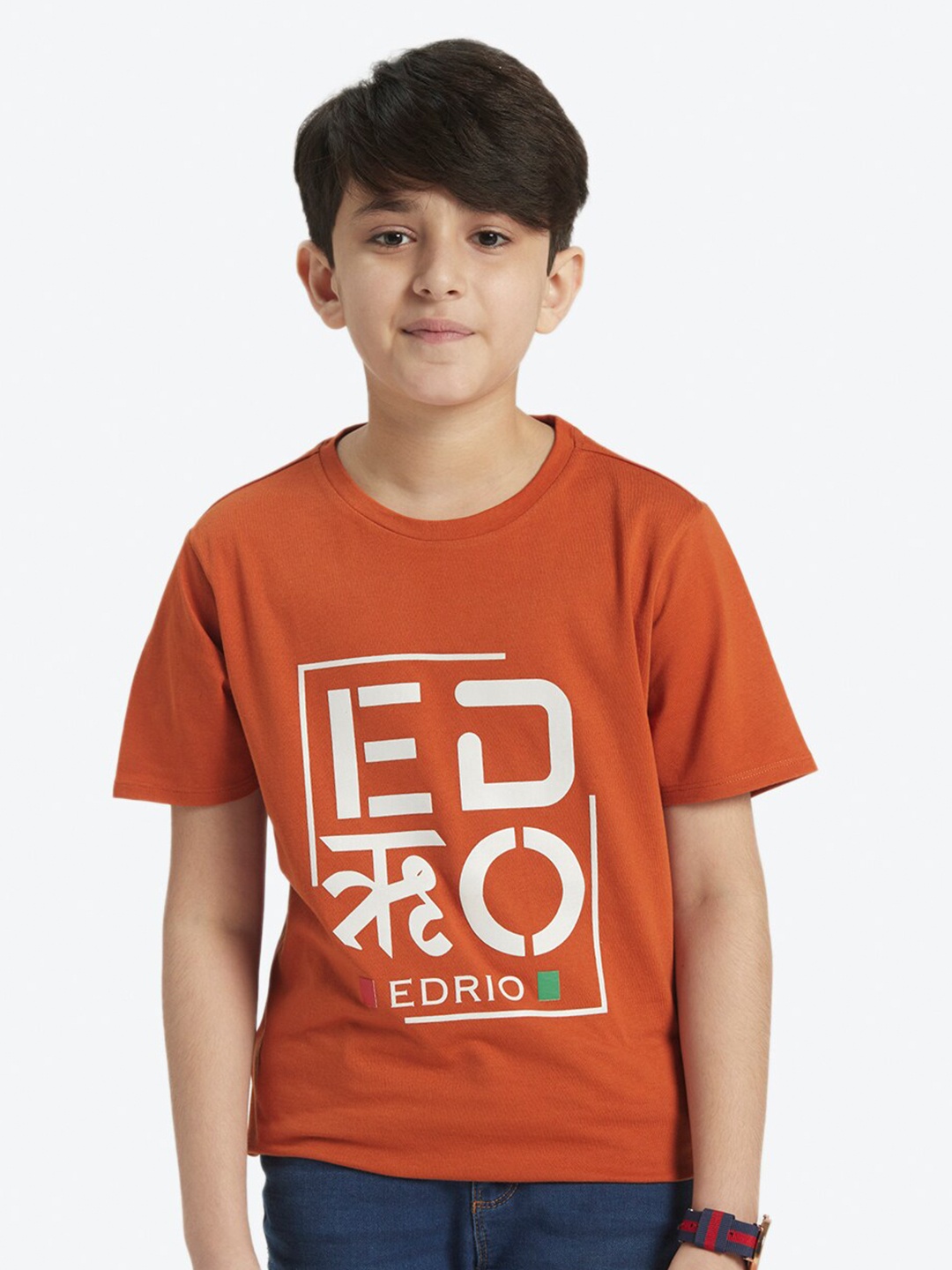 

EDRIO Boys Typography Printed Cotton T-shirt, Orange