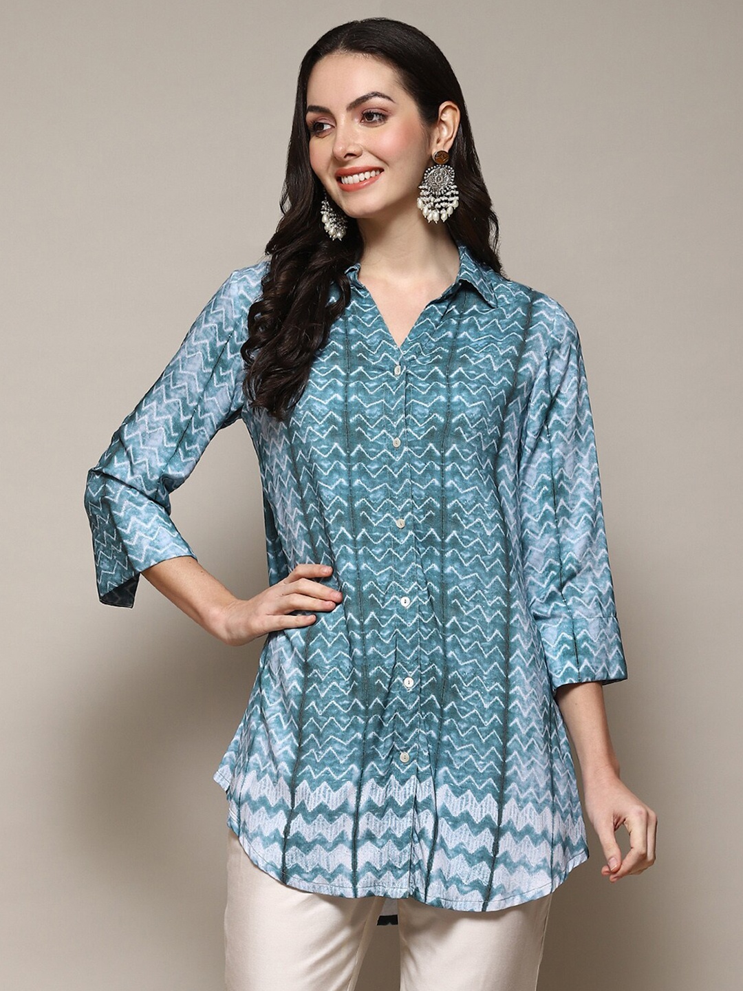 

Biba Chevron Printed Spread Collar Casual Shirt, Blue