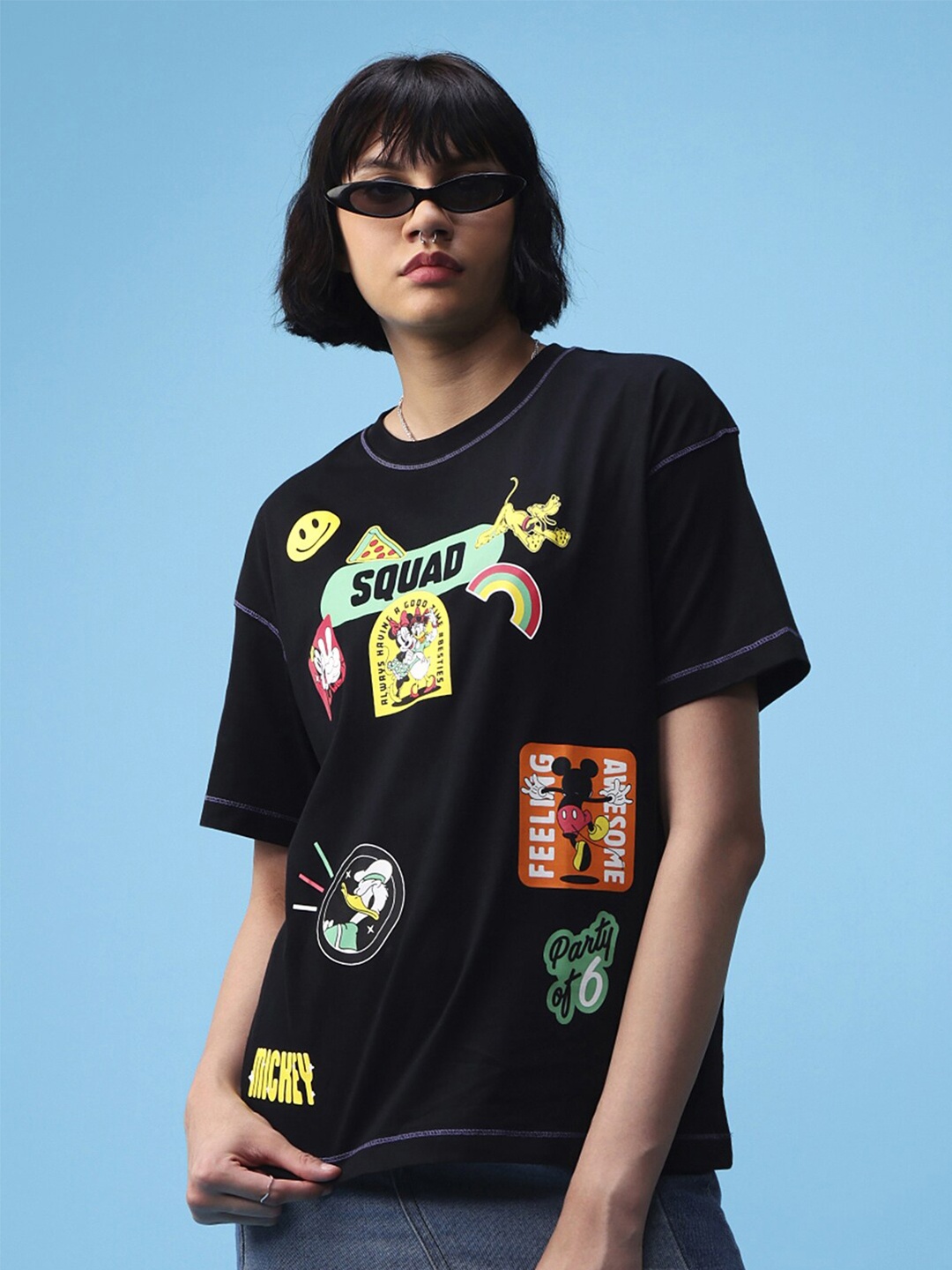 

Bewakoof Black Mickey & Friends Printed Pure Cotton Oversized T-shirt