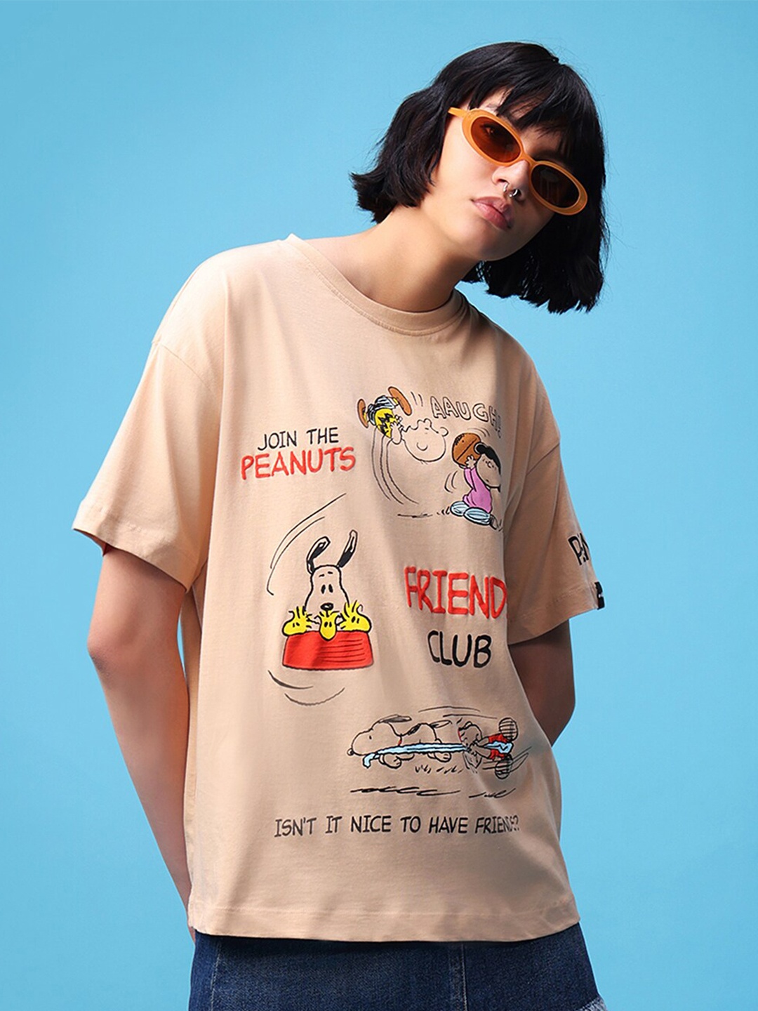 

Bewakoof Brown Peanuts Printed Pure Cotton Oversized T-shirt