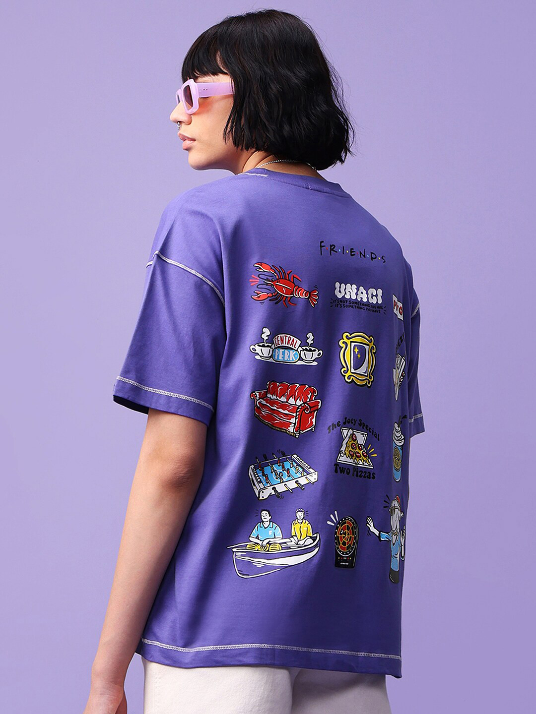 

Bewakoof Blue Friends Printed Drop-Shoulder Sleeves Pure Cotton Oversized T-shirt