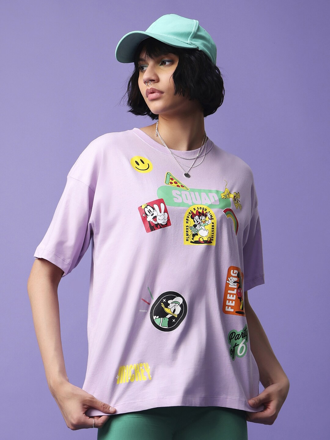 

Bewakoof Purple Mickey & Friends Printed Pure Cotton Oversized T-shirt