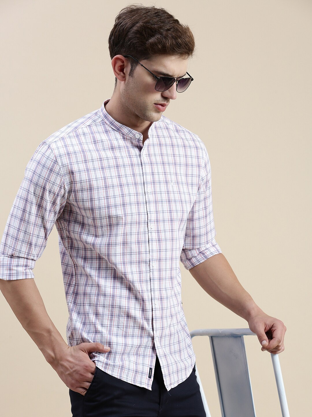 

SHOWOFF Standard Slim Fit Grid Tattersall Checks Cotton Casual Shirt, White