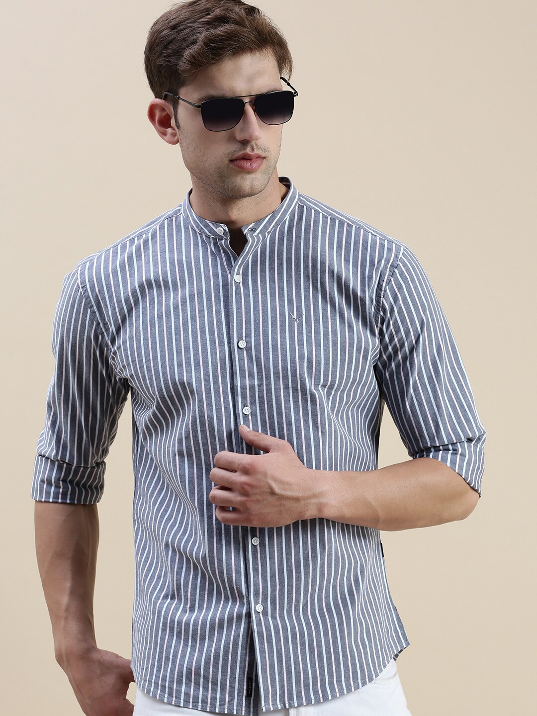 

SHOWOFF Standard Slim Fit Vertical Stripes Mandarin Collar Cotton Shirt, Grey