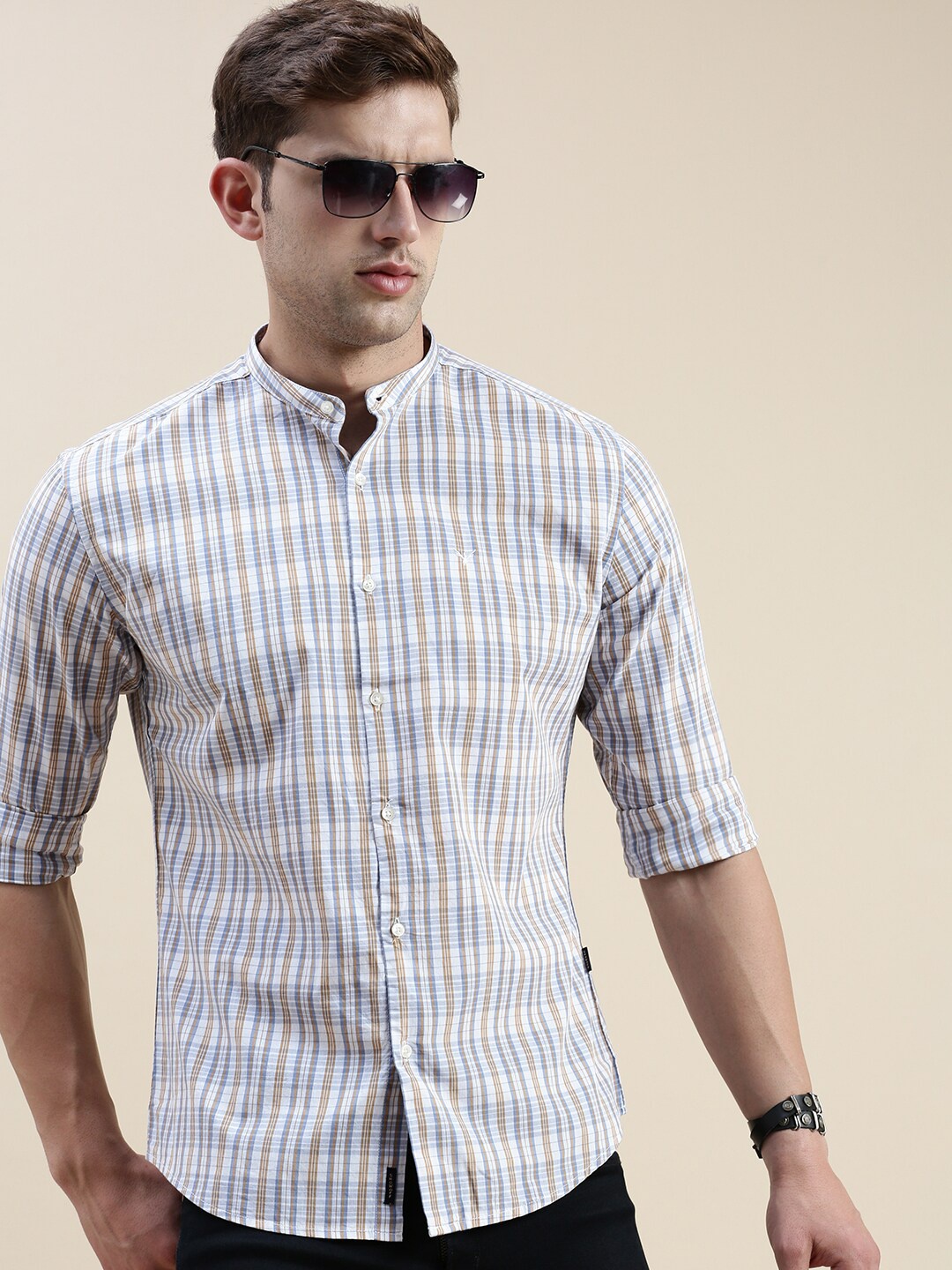 

SHOWOFF Standard Slim Fit Micro Checks Cotton Casual Shirt, Cream