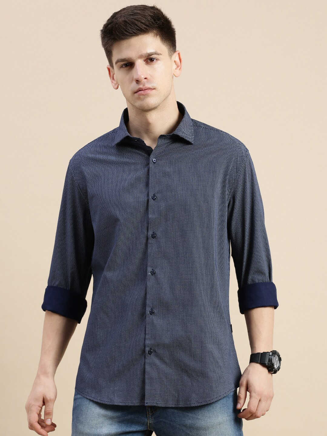 

SHOWOFF Standard Slim Fit Micro Disty Printed Spread Collar Cotton Casual Shirt, Navy blue