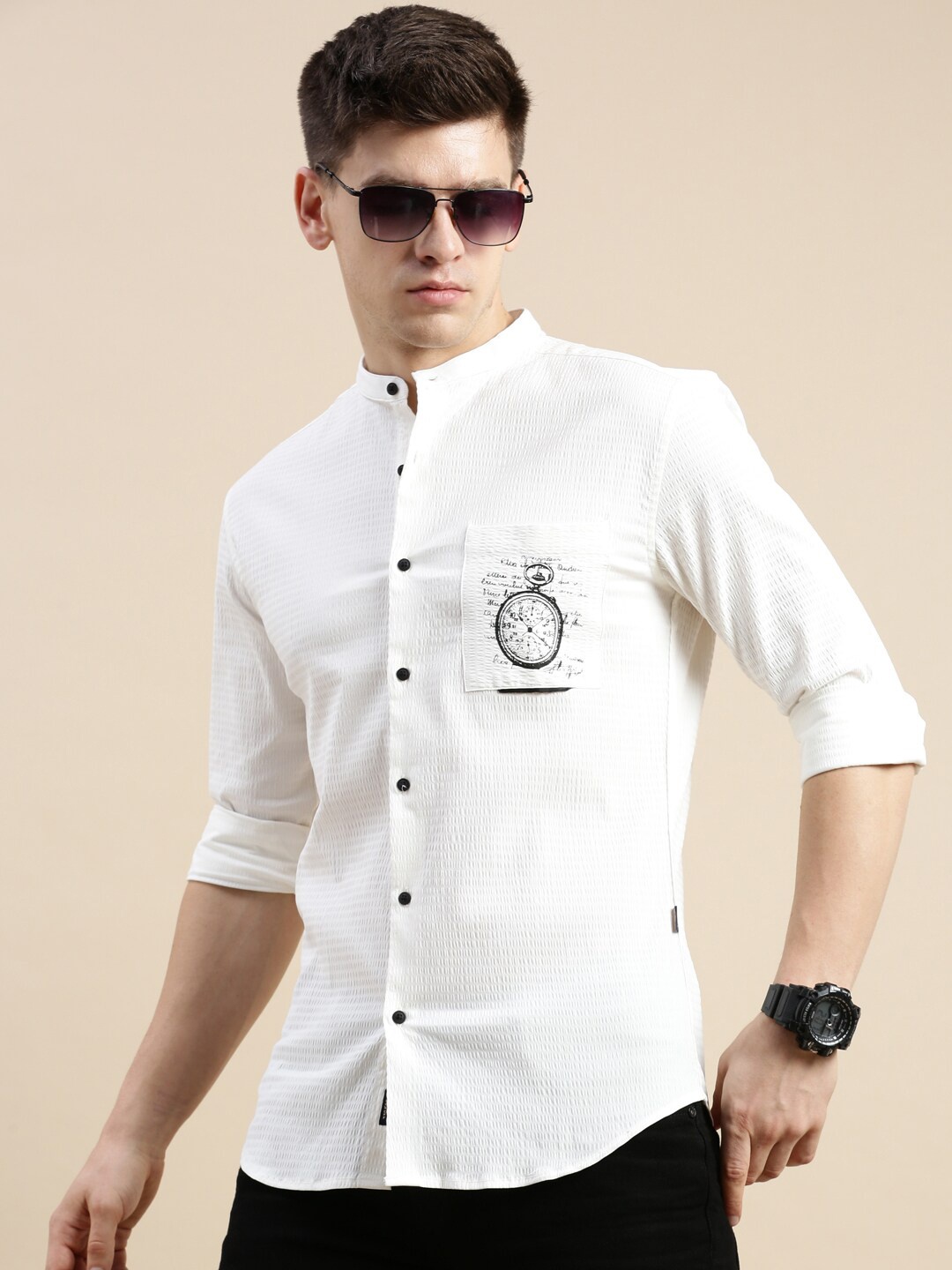 

SHOWOFF Standard Slim Fit Self Design Mandarin Collar Cotton Casual Shirt, White