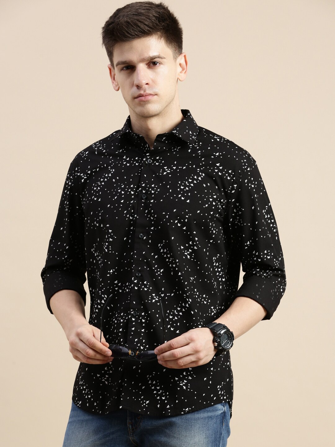 

SHOWOFF Standard Slim Fit Micro Disty Printed Spread Collar Cotton Casual Shirt, Black