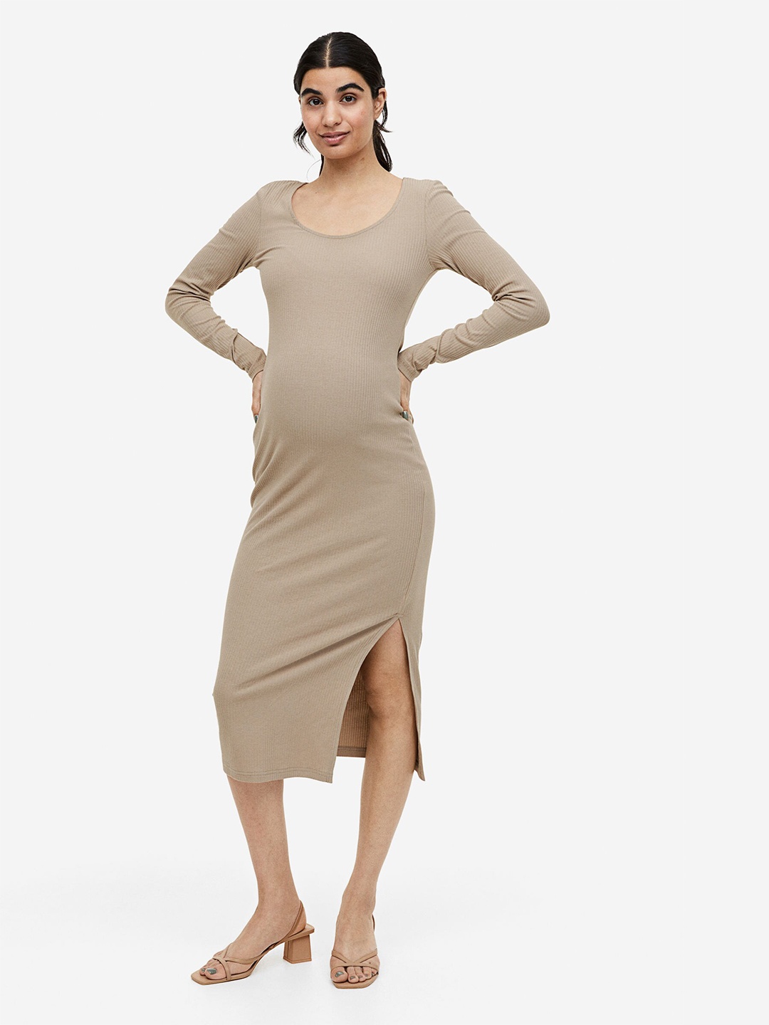 

H&M MAMA Ribbed Bodycon Dress, Beige