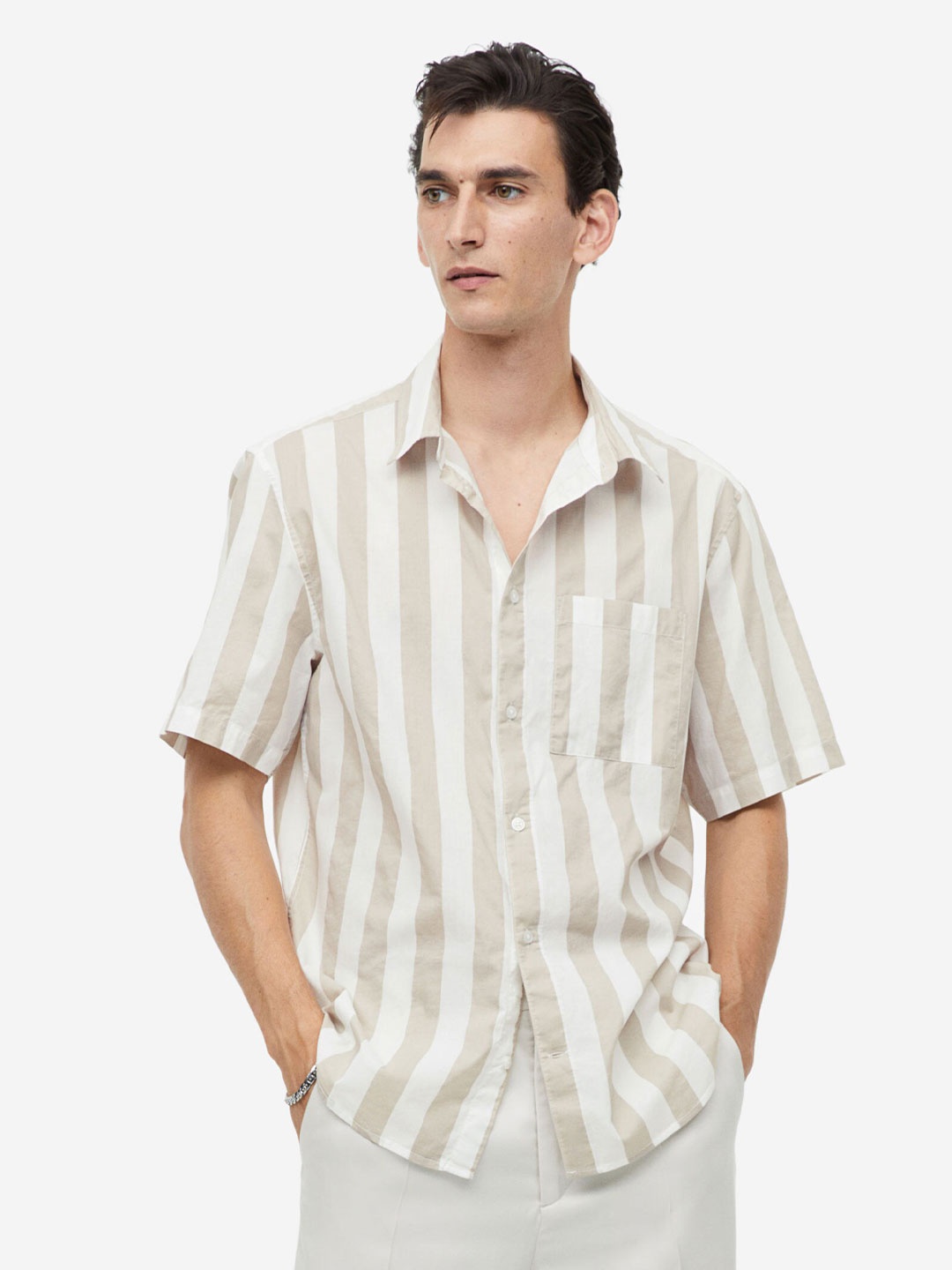 

H&M Pure Cotton Regular Fit Short-Sleeved Shirt, Beige