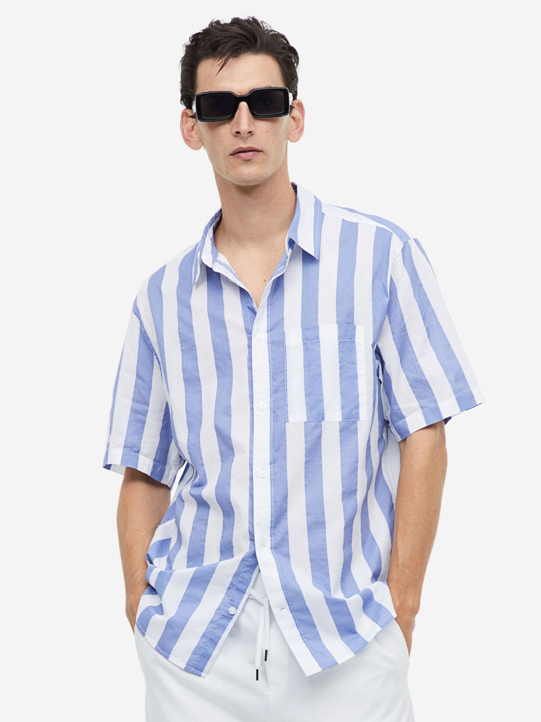 

H&M Pure Cotton Regular Fit Short-Sleeved Shirt, Blue