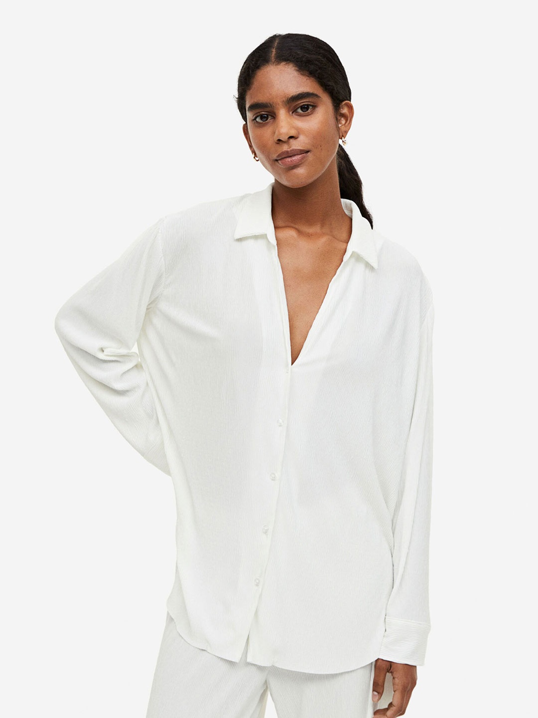 

H&M Crinkled Loungewear Shirt, White