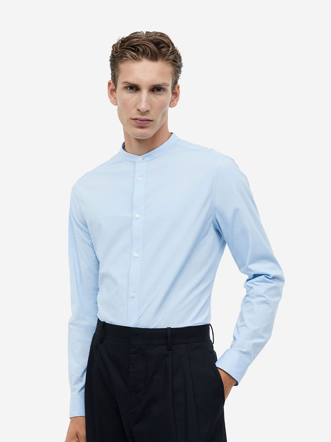 

H&M Muscle-Fit Grandad Shirt, Blue