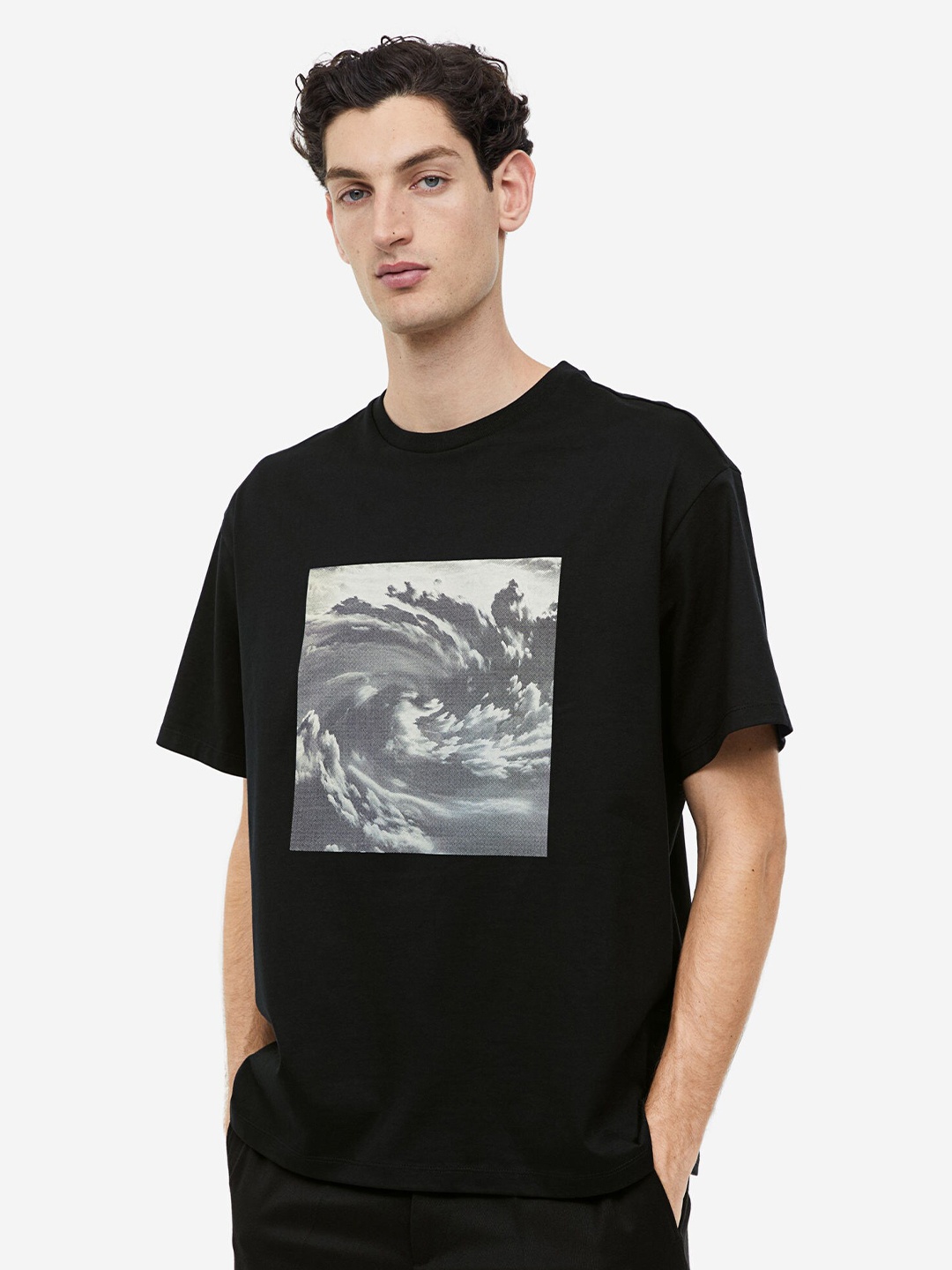

H&M Pure Cotton Relaxed Fit Printed T-shirt, Black