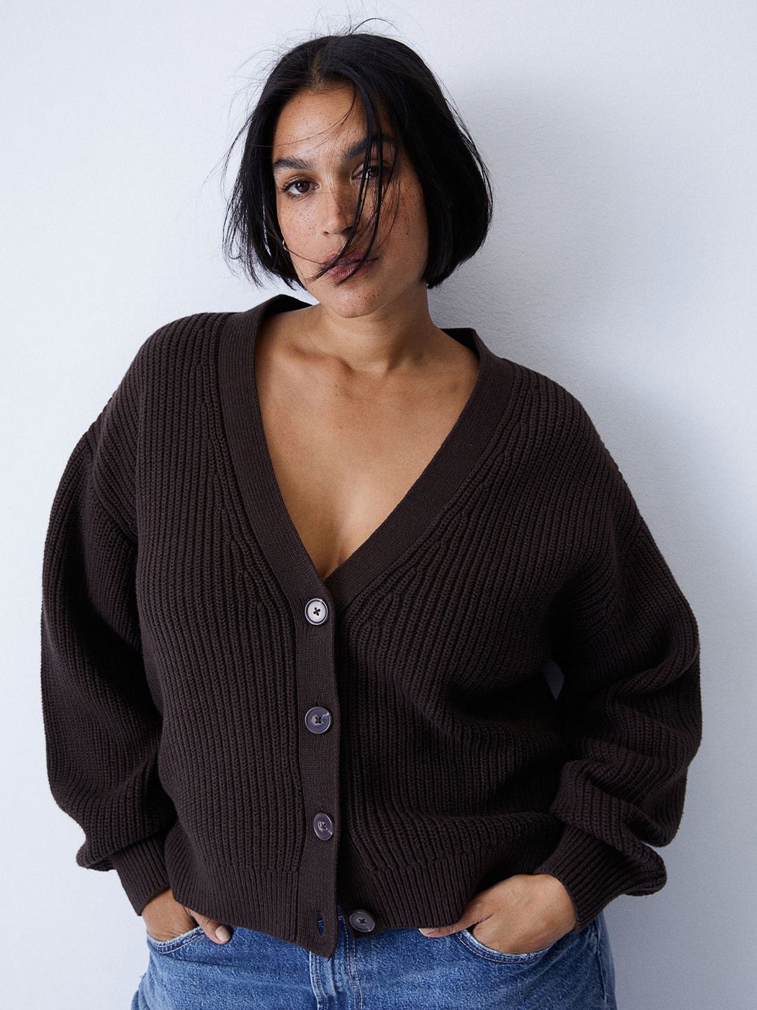 

H&M Rib-Knit Cardigan, Brown