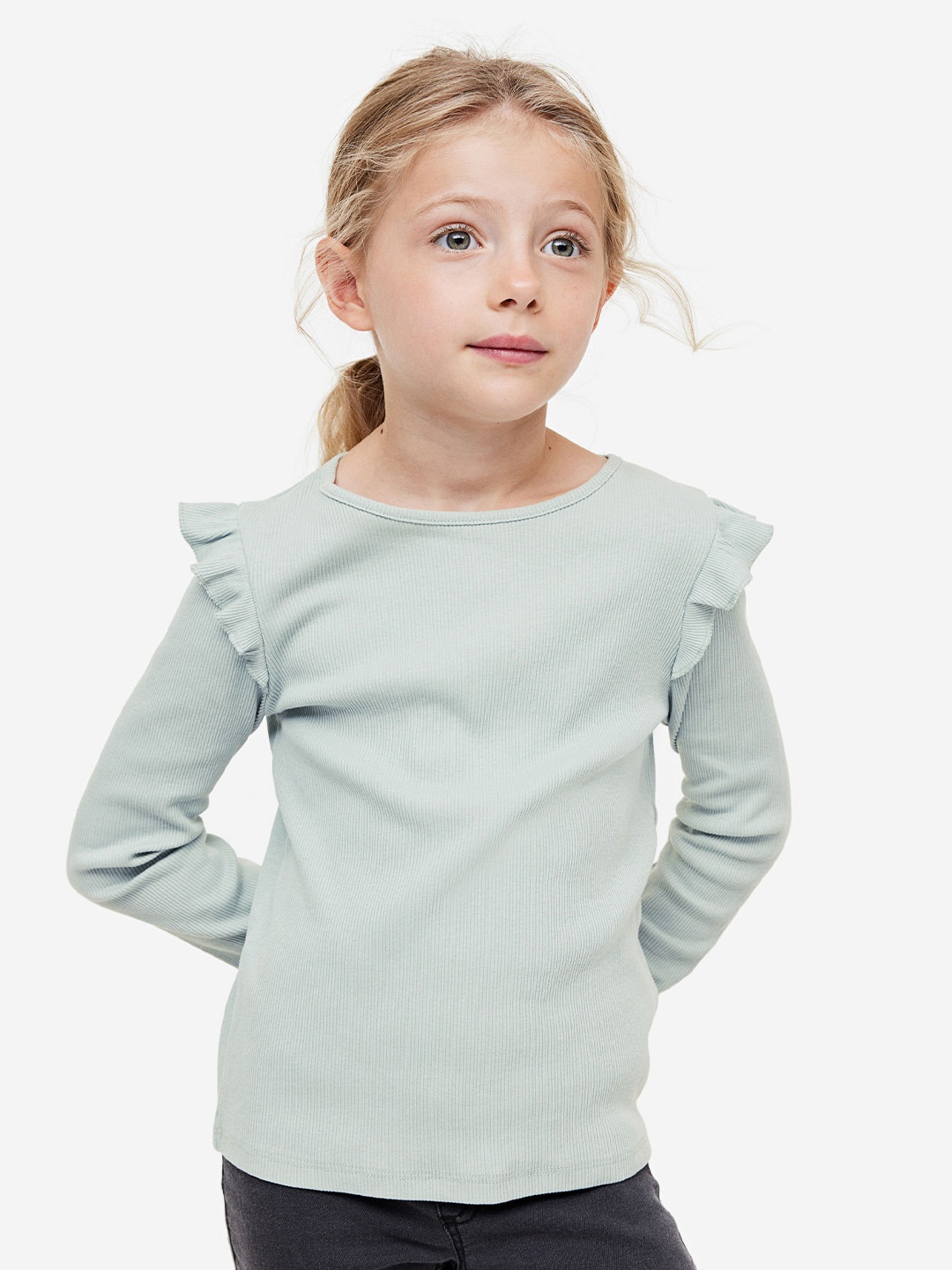 

H&M Flounce-Trimmed Ribbed Top, Green
