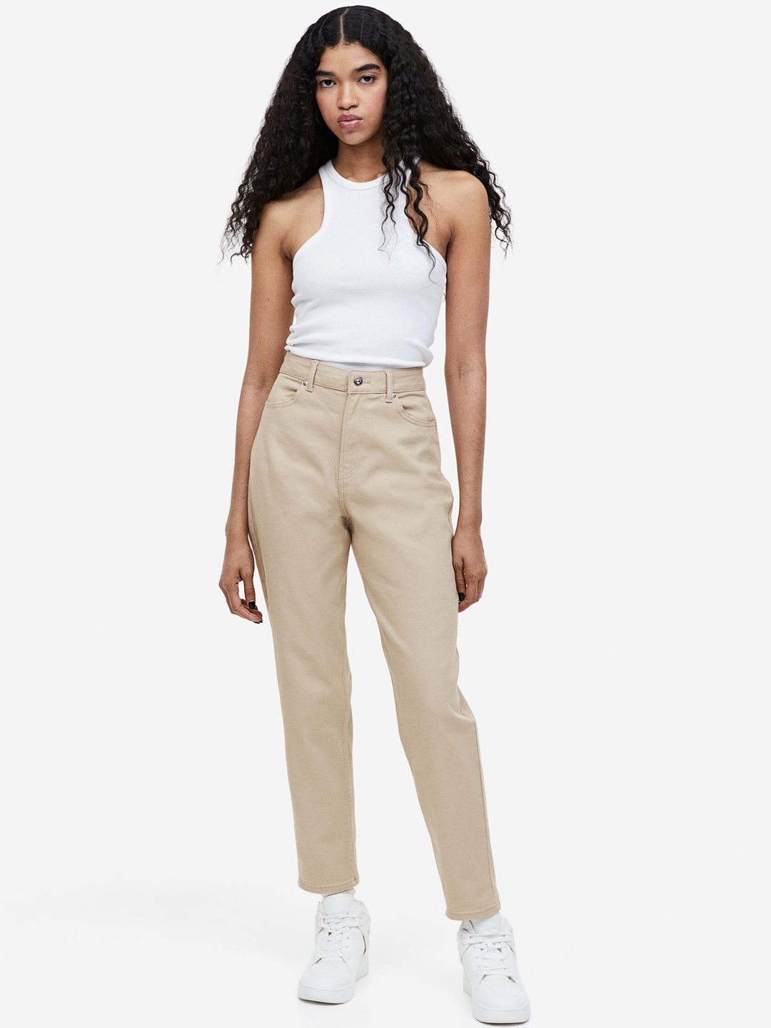 

H&M Mom Loose-Fit Twill Trousers, Beige