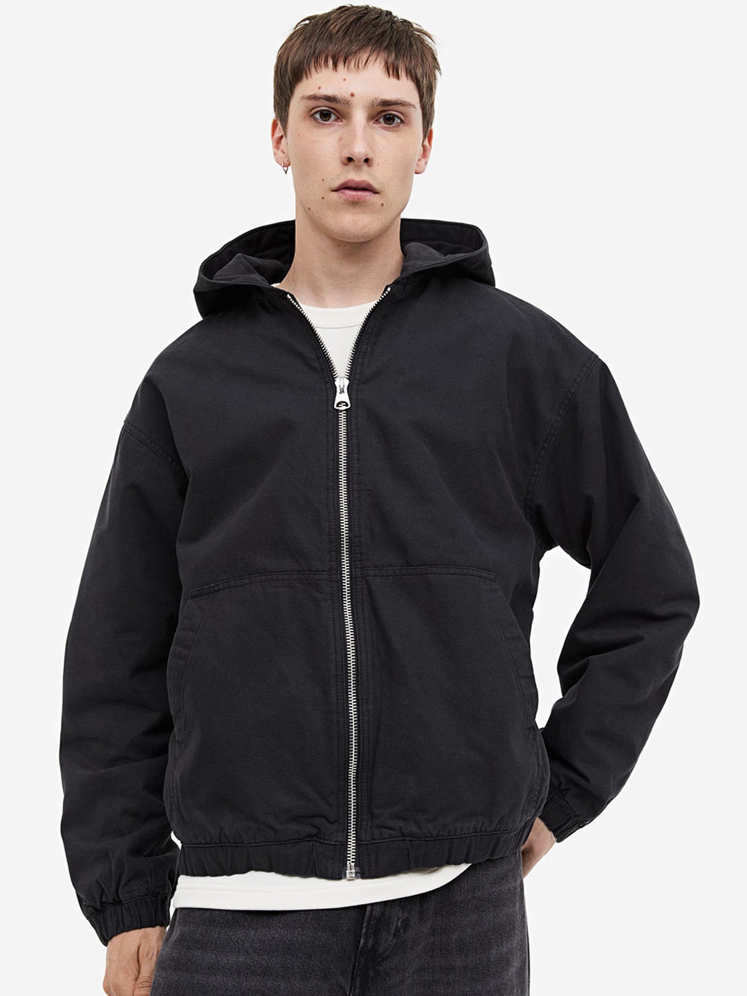 

H&M Loose Fit Hooded Canvas Jacket, Grey