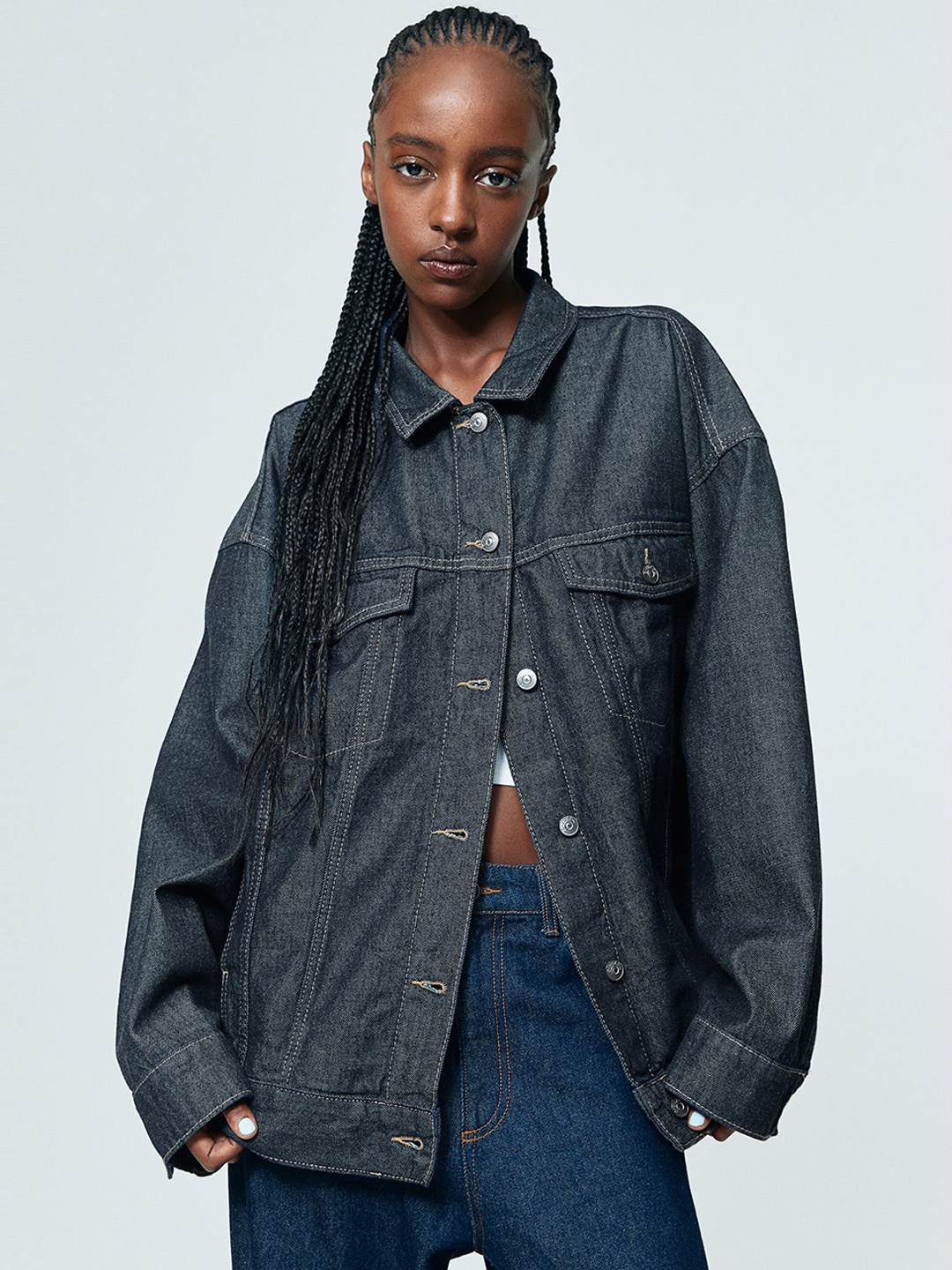 H&M Pure Cotton Oversized Denim Jacket, Blue