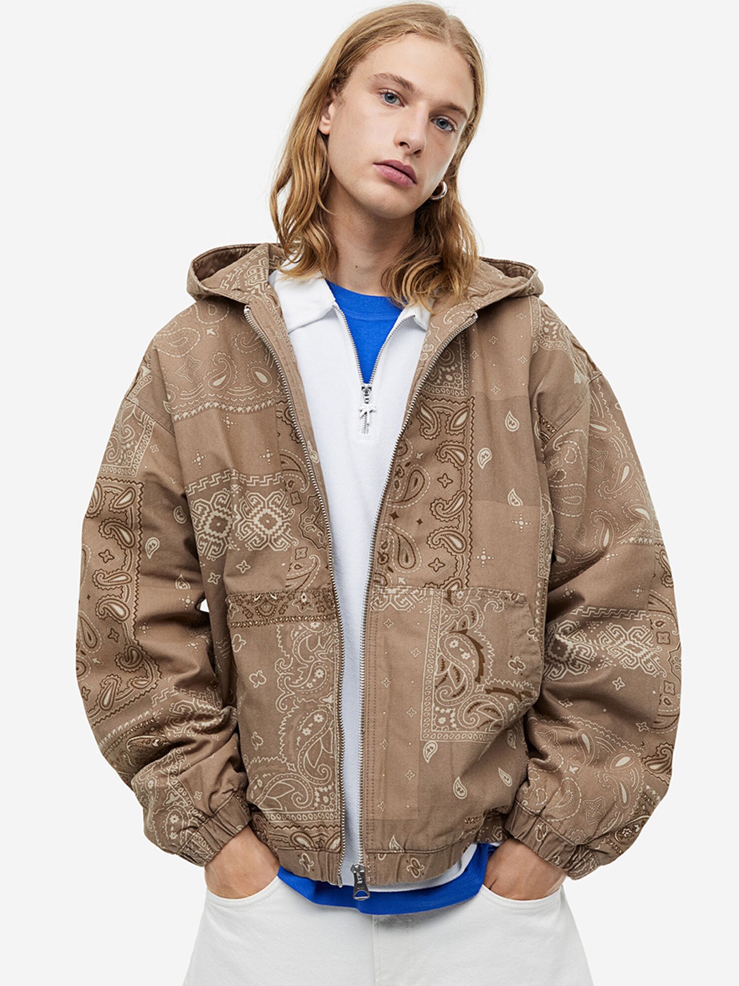 

H&M Pure Cotton Loose Fit Hooded Canvas Jacket, Beige