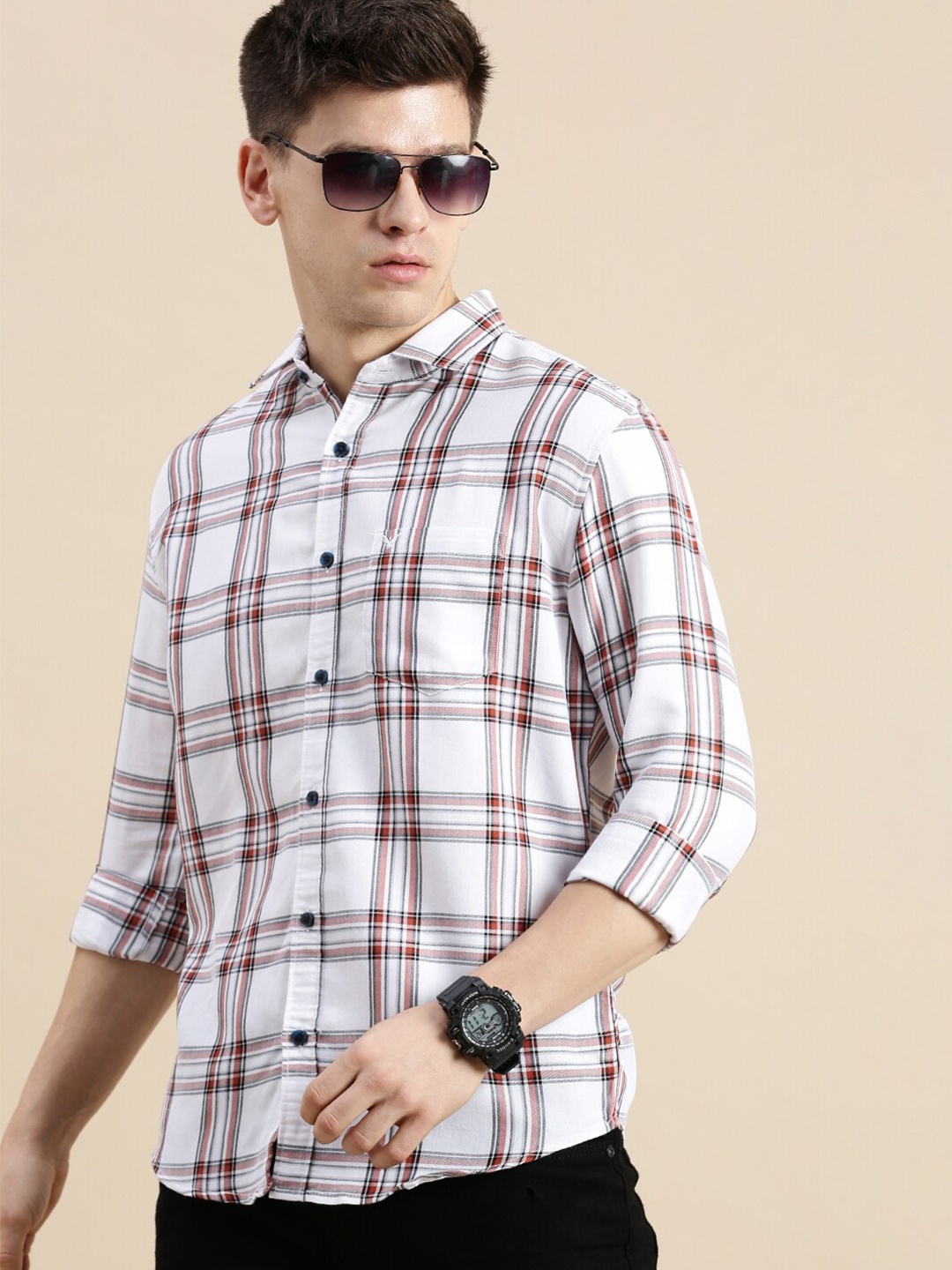 

SHOWOFF Standard Slim Fit Checked Spread Collar Long Sleeves Cotton Casual Shirt, White