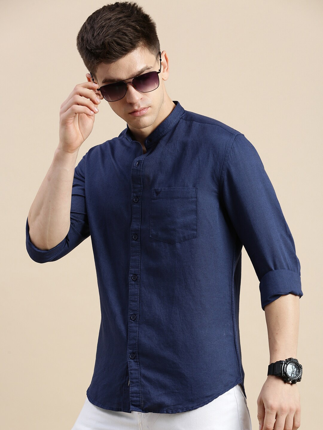 

SHOWOFF Standard Slim Fit Mandarin Collar Long Sleeves Casual Shirt, Navy blue