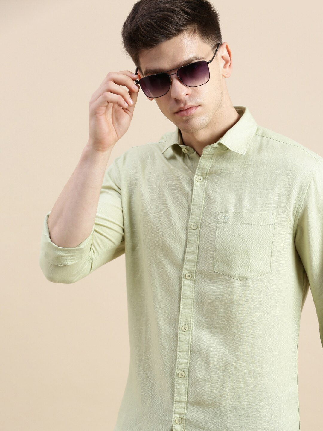 

SHOWOFF Standard Slim Fit Mandarin Collar Long Sleeves Casual Shirt, Green