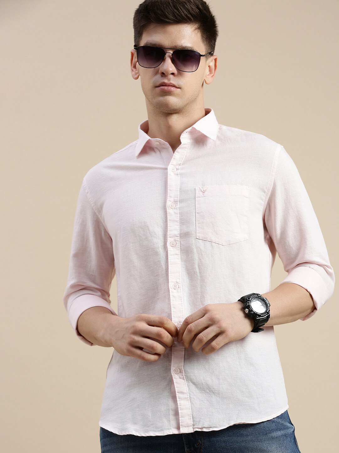 

SHOWOFF Standard Slim Fit Spread Collar Long Sleeves Casual Shirt, Pink