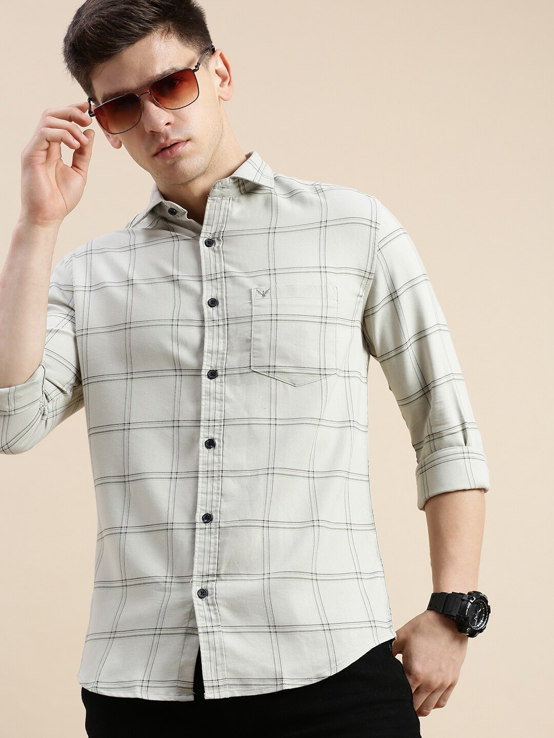 

SHOWOFF Standard Slim Fit Checked Spread Collar Long Sleeves Cotton Casual Shirt, Off white