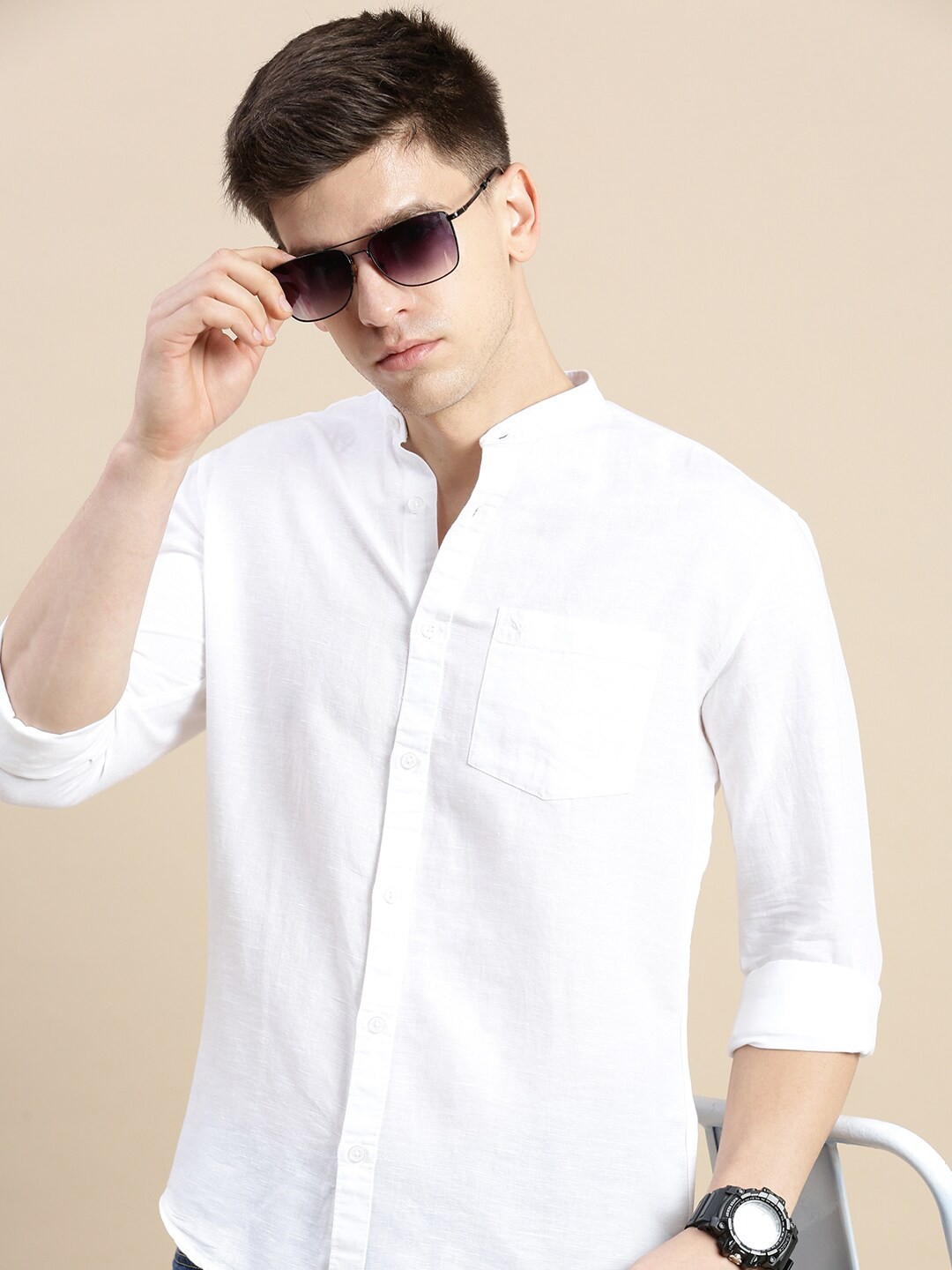 

SHOWOFF Standard Slim Fit Mandarin Collar Long Sleeves Casual Shirt, White