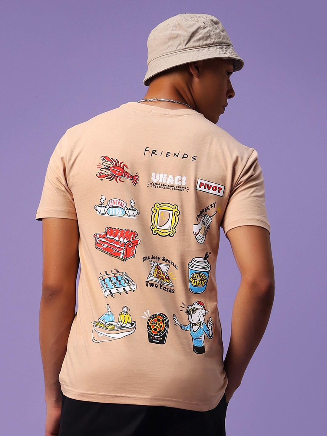 

Bewakoof Brown Friends Printed Round Neck Drop-Shoulder Cotton T-shirt