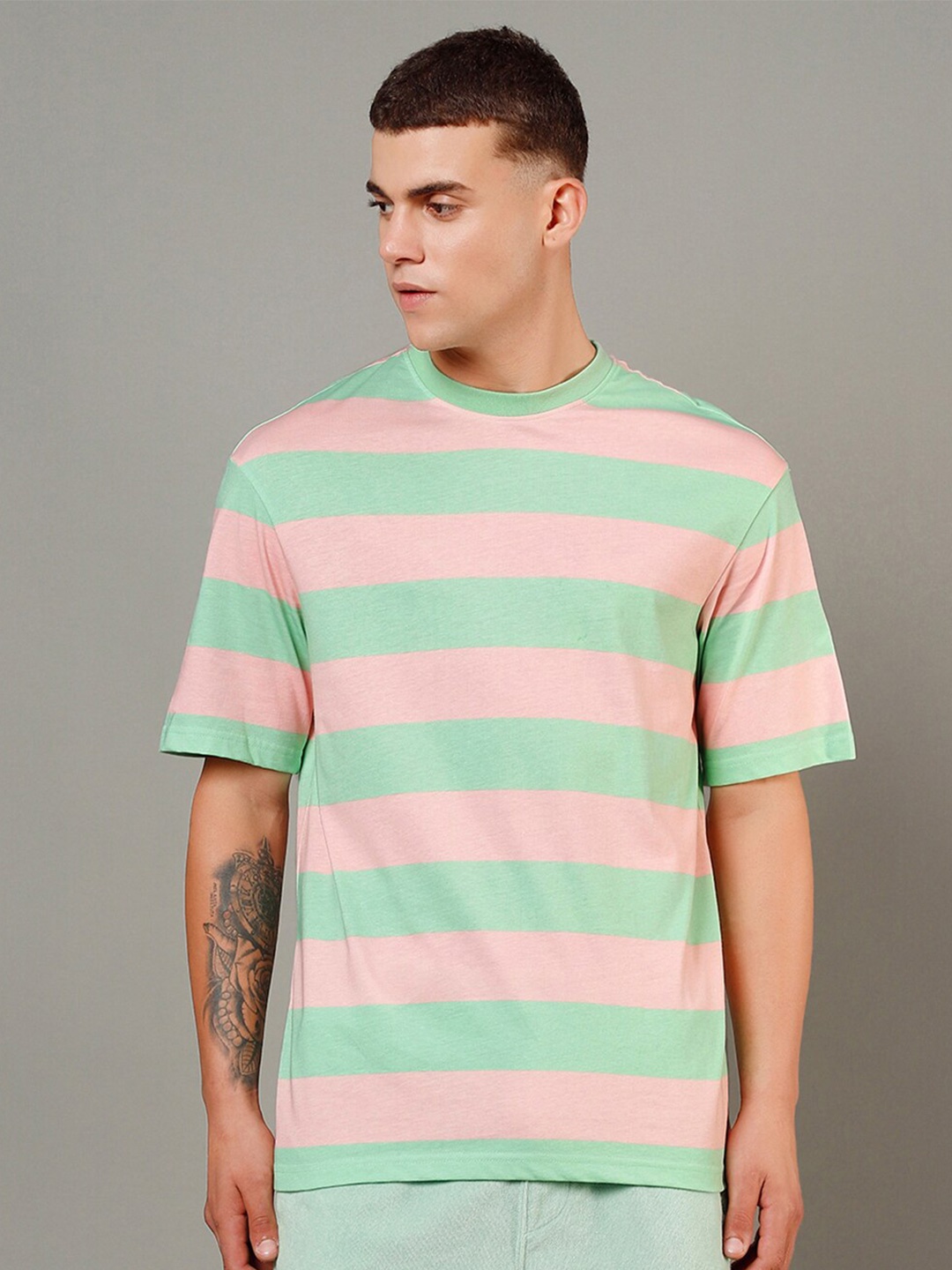 

Bewakoof Striped Oversized T-shirt, Green