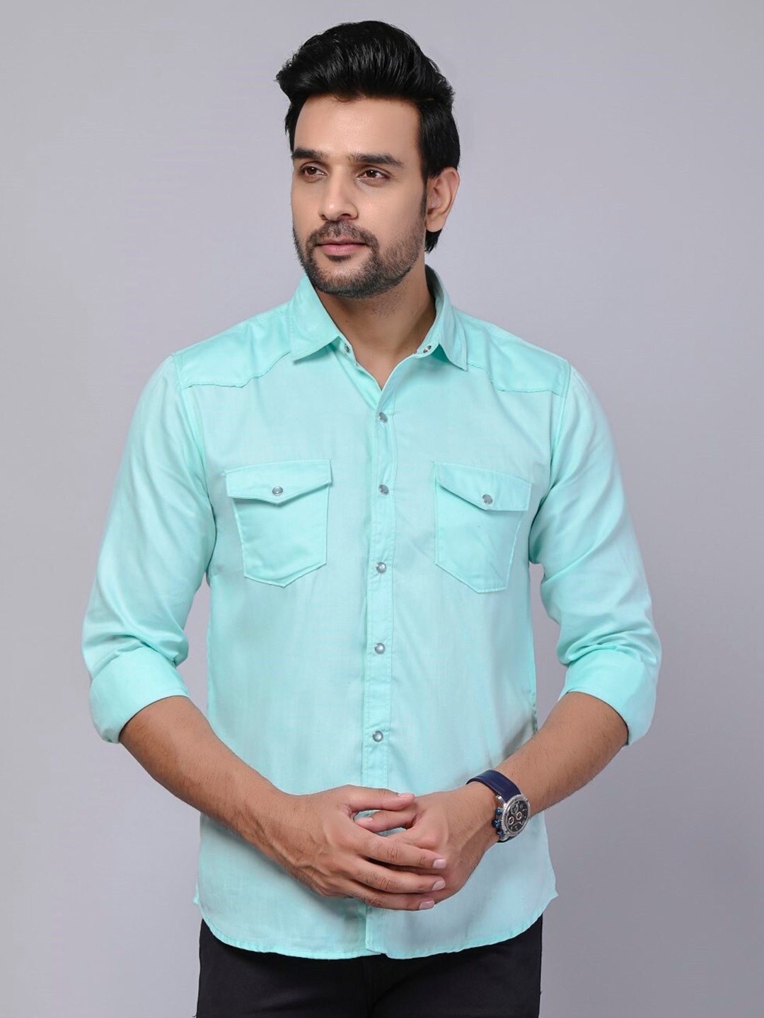 

Riara Modern Spread Collar Long Sleeve Pocket Cotton Casual Shirt, Blue