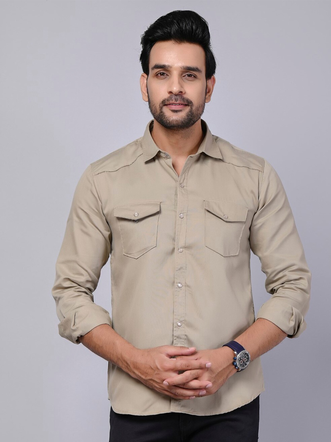 

Riara Modern Spread Collar Long Sleeve Pocket Cotton Casual Shirt, Khaki