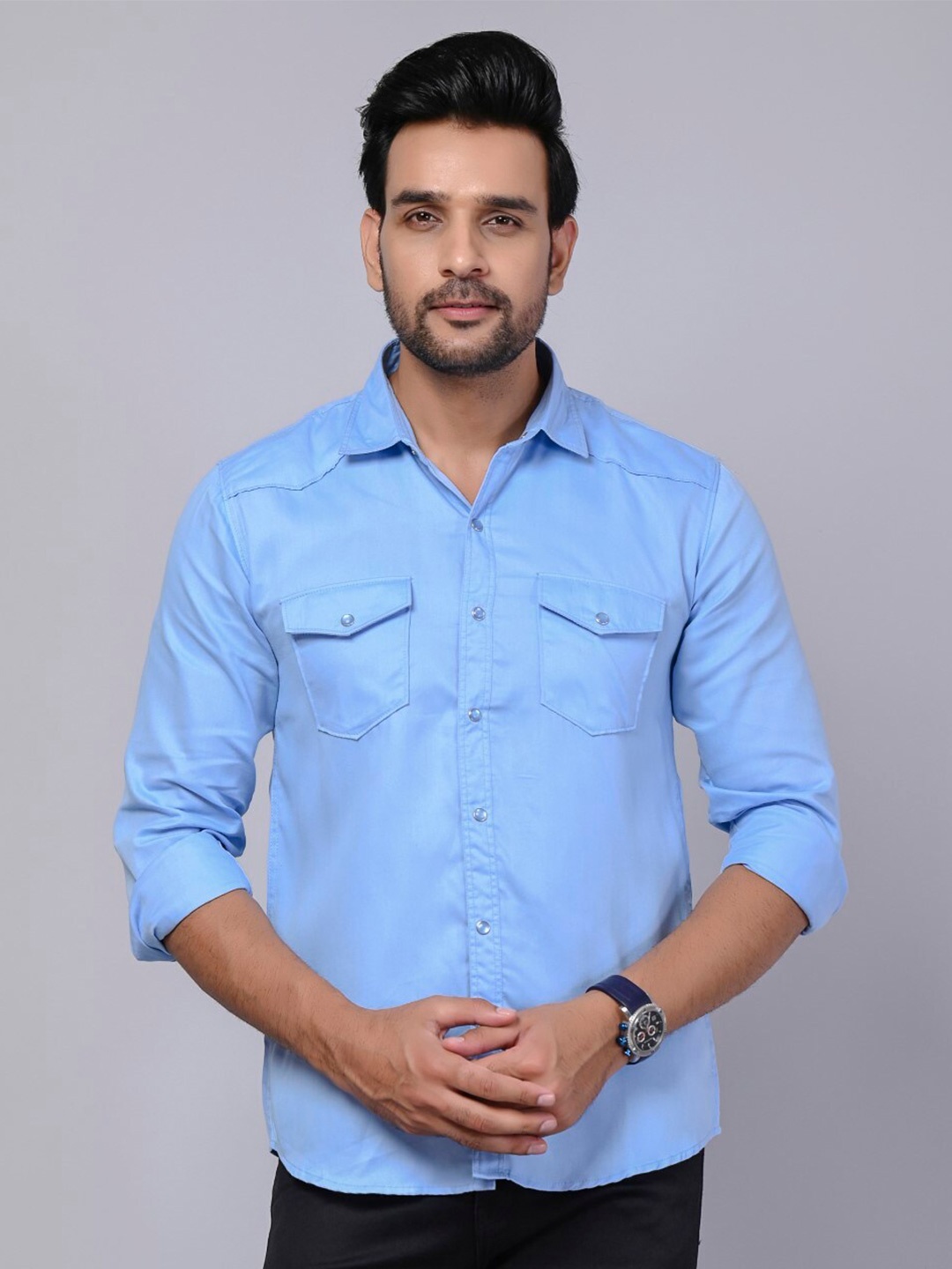 

Riara Modern Spread Collar Long Sleeve Pocket Cotton Casual Shirt, Blue
