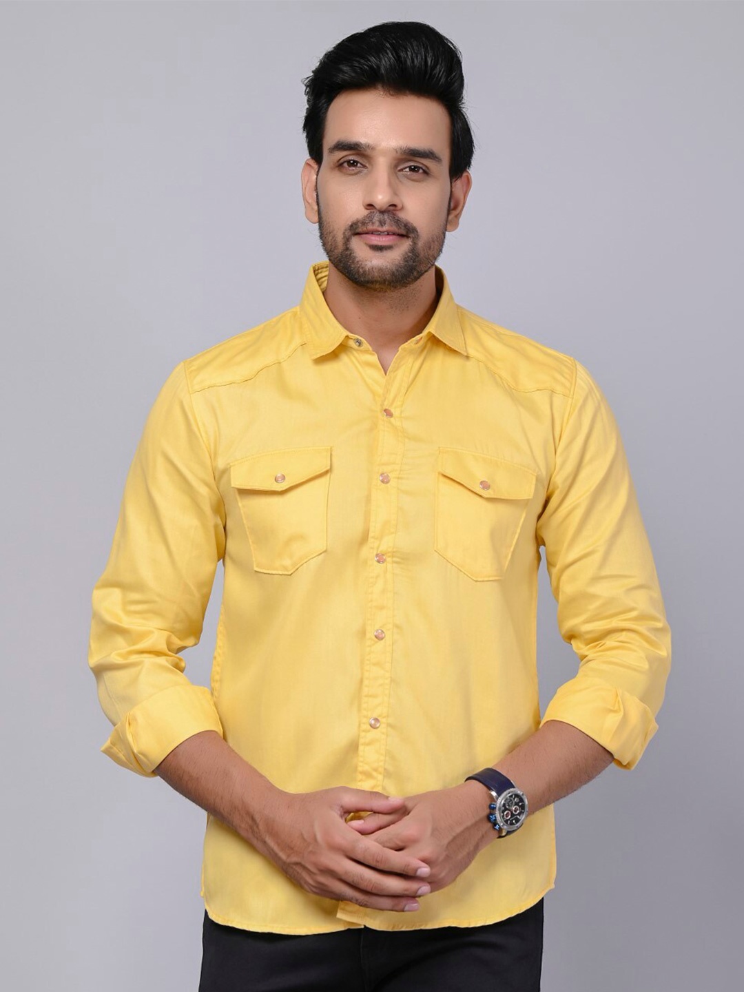 

Riara Modern Spread Collar Long Sleeve Pocket Cotton Casual Shirt, Yellow